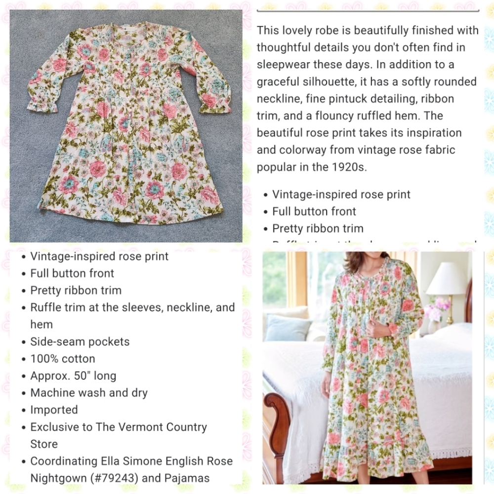 Ella Simone English Rose Robe Size Medium Colors Pink Blue Green White - Picture 2 of 10